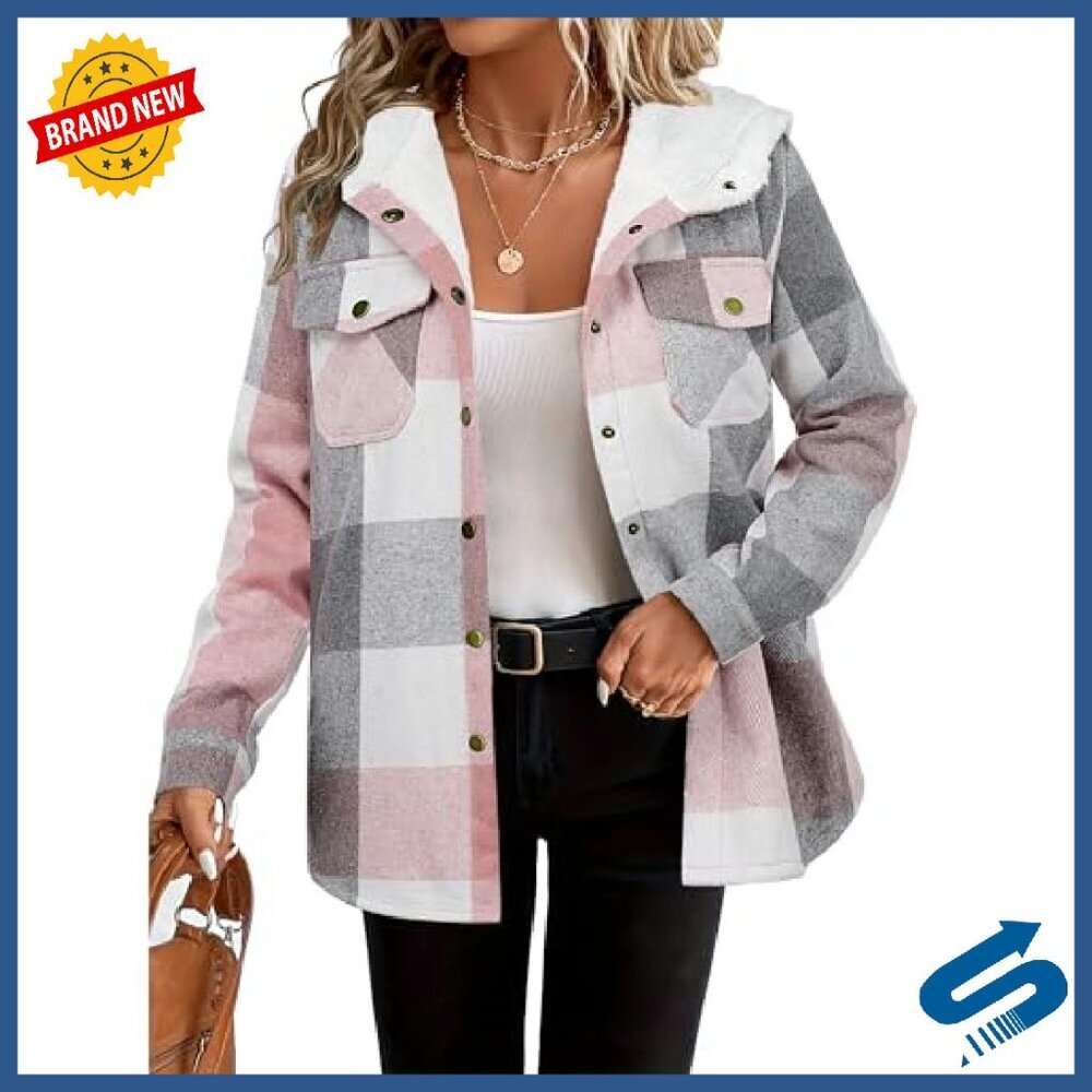 Women's Plaid Shacket Hooded Fleece Jacket Long Sleeve Oversized Fit - Picture 4 of 8